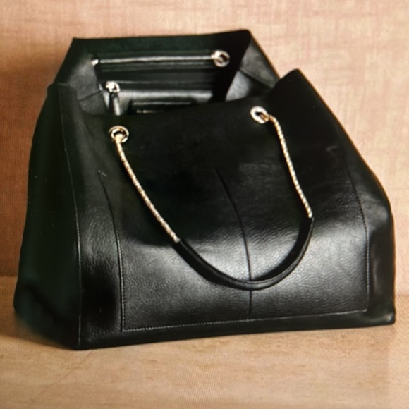 Sezane Bags Sezane Womens Gaby Tote Handbag Black Leather Zip Chain Double Handles Xl Poshmark